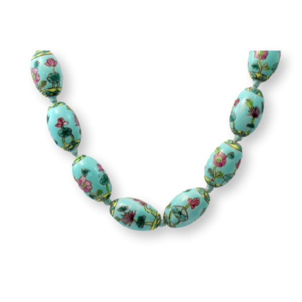 Hand Painted Blue, Green, Pink Lotus Flower Porcelain Bead Necklace