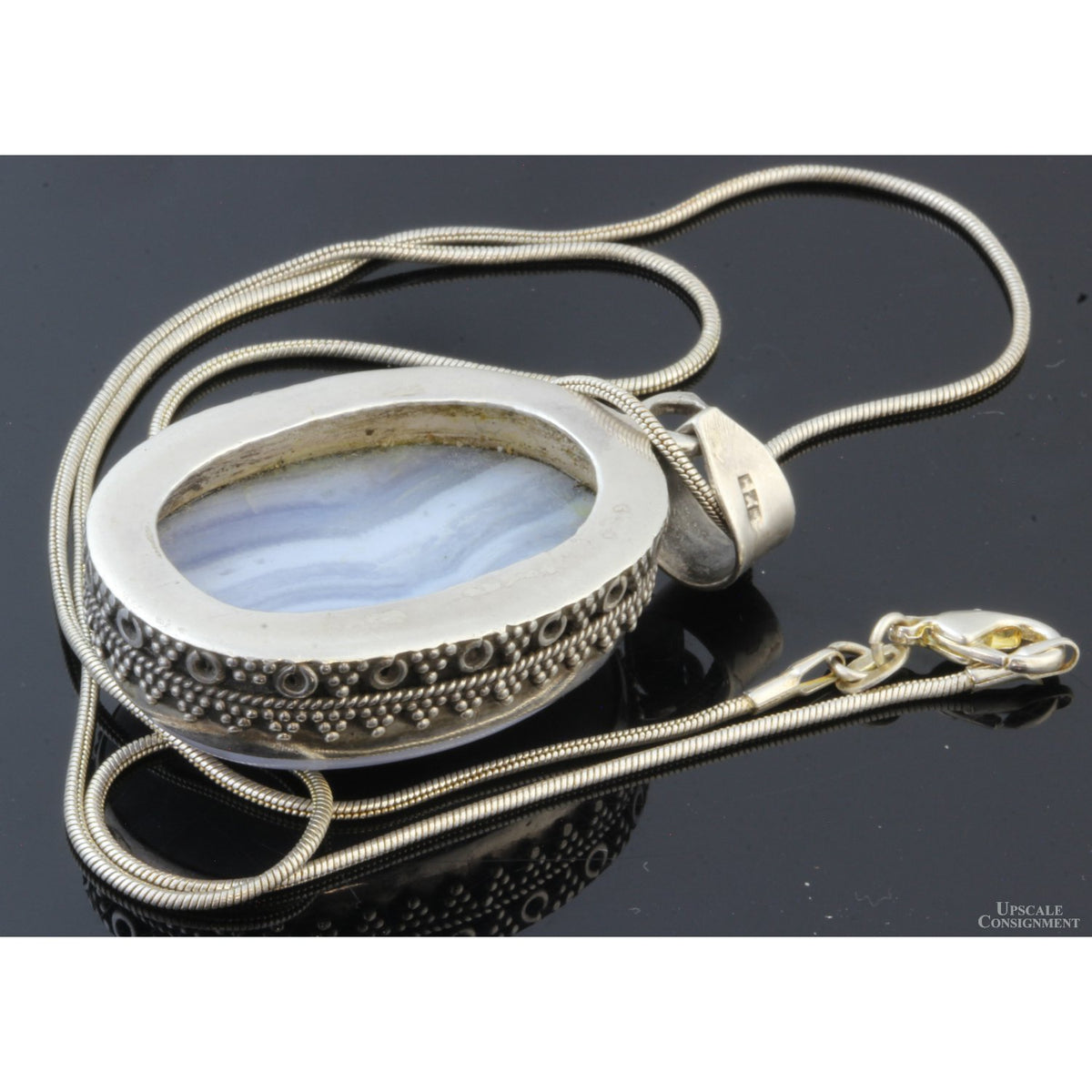 Sterling Silver Blue Lace Agate Pendant & Twisted Leather Cord