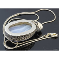 Sterling Silver Blue Lace Agate Pendant & Twisted Leather Cord