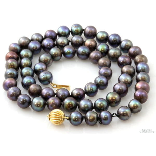 Handknotted 6mm Black Pearl Strand Peacock Overtone 14K Gold Clasp