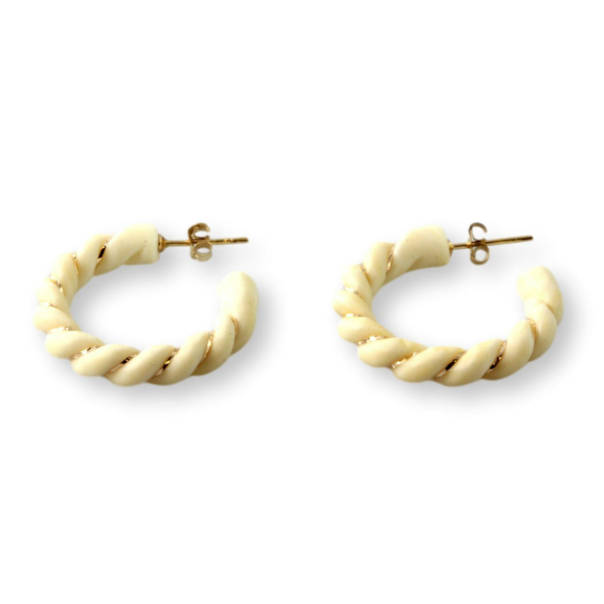 14K Gold Twist Design Carved Bone Hoop Earrings