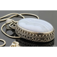 Sterling Silver Blue Lace Agate Pendant & Twisted Leather Cord
