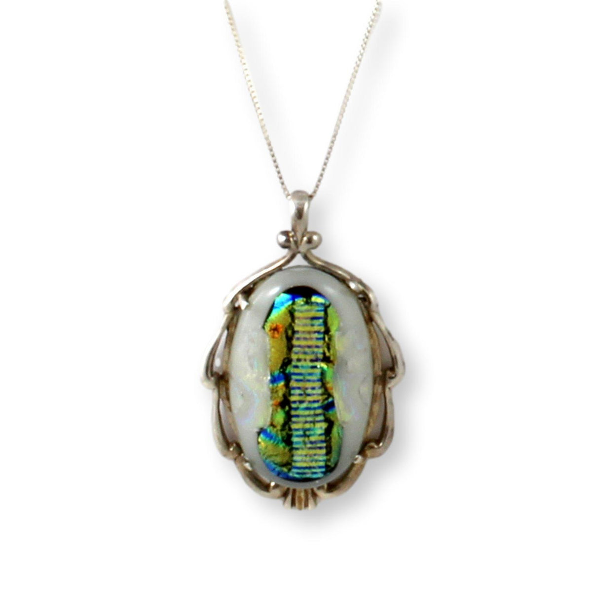 Vintage Kabana Dichroic Art Glass Sterling Silver Pendant Necklace