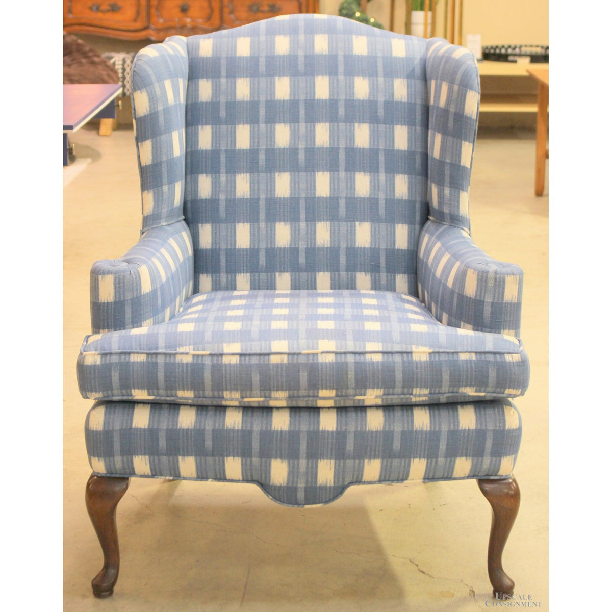 Blue & White Gingham Wingback Chair w/Ottoman