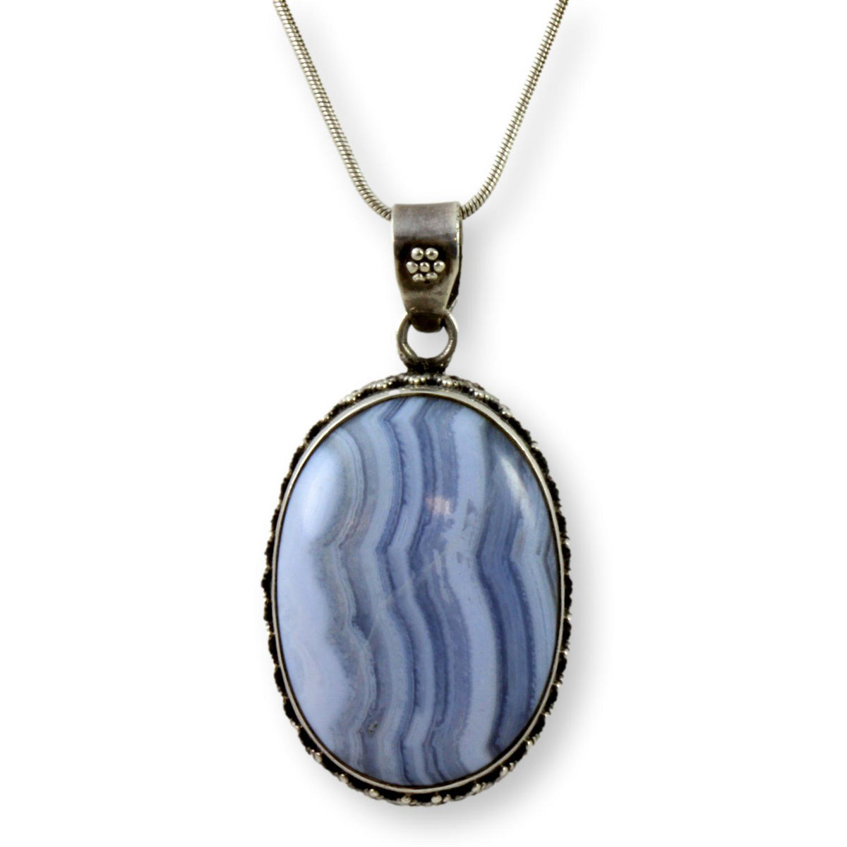 Sterling Silver Blue Lace Agate Pendant & Twisted Leather Cord