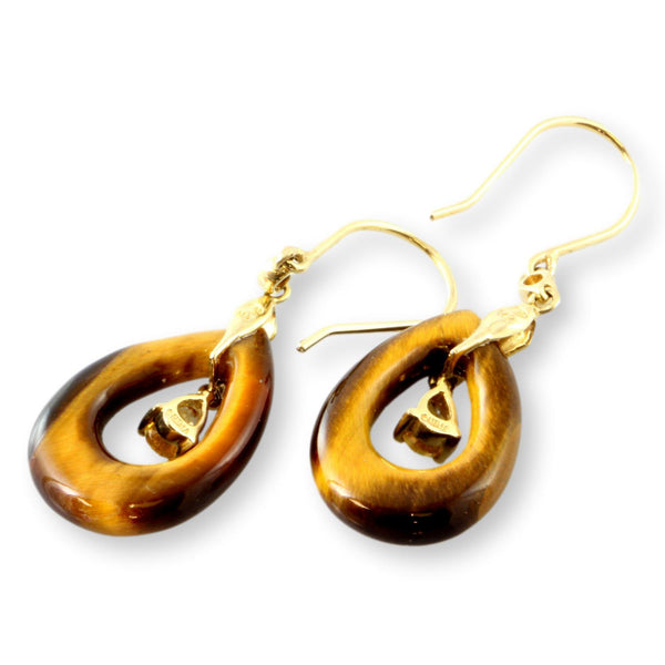14K Yellow Gold Tiger Eye Earrings - Dangling Pear Shape Citrine Gems