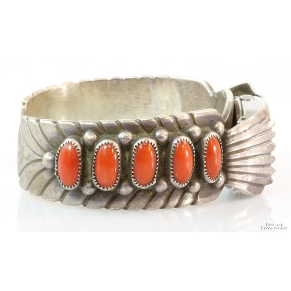 Vintage Navajo Sterling Silver Coral Timex Watch Cuff by Tim K Whitman