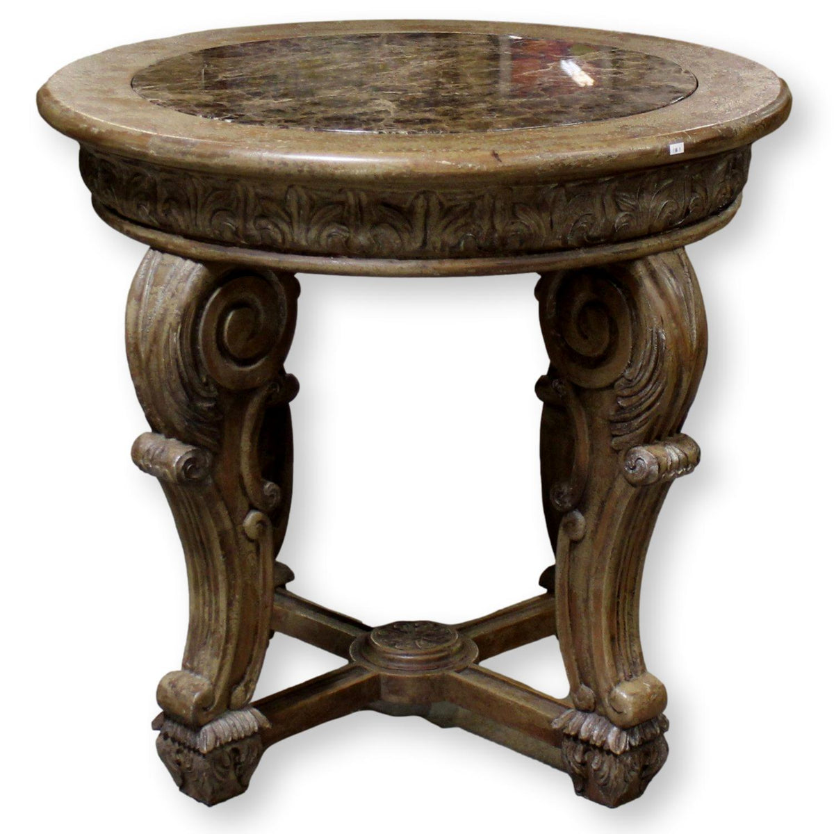 Ornate Round Stone Top Accent Table