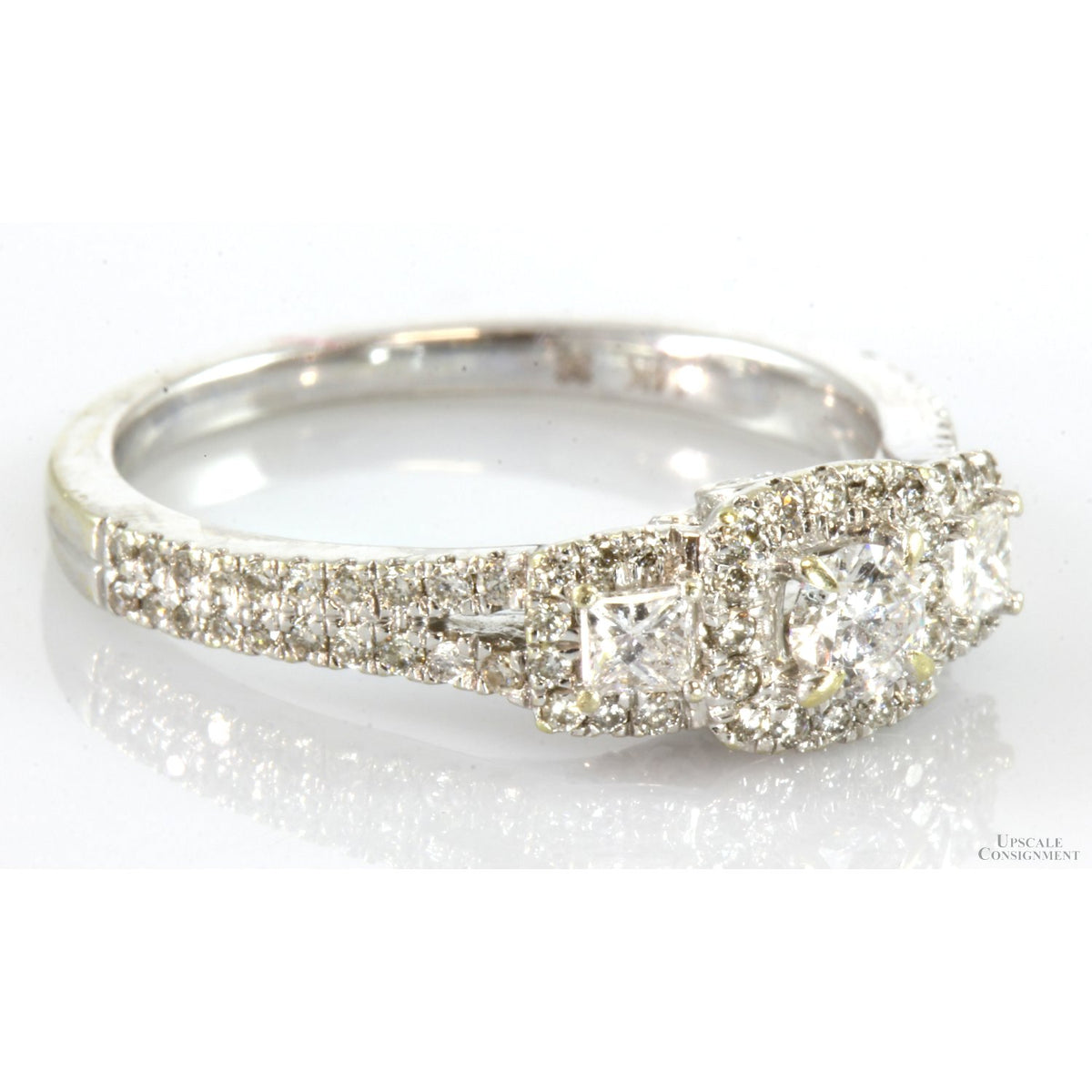 14K White Gold .75ctw Three-Stone Diamond Halo Engagement Ring