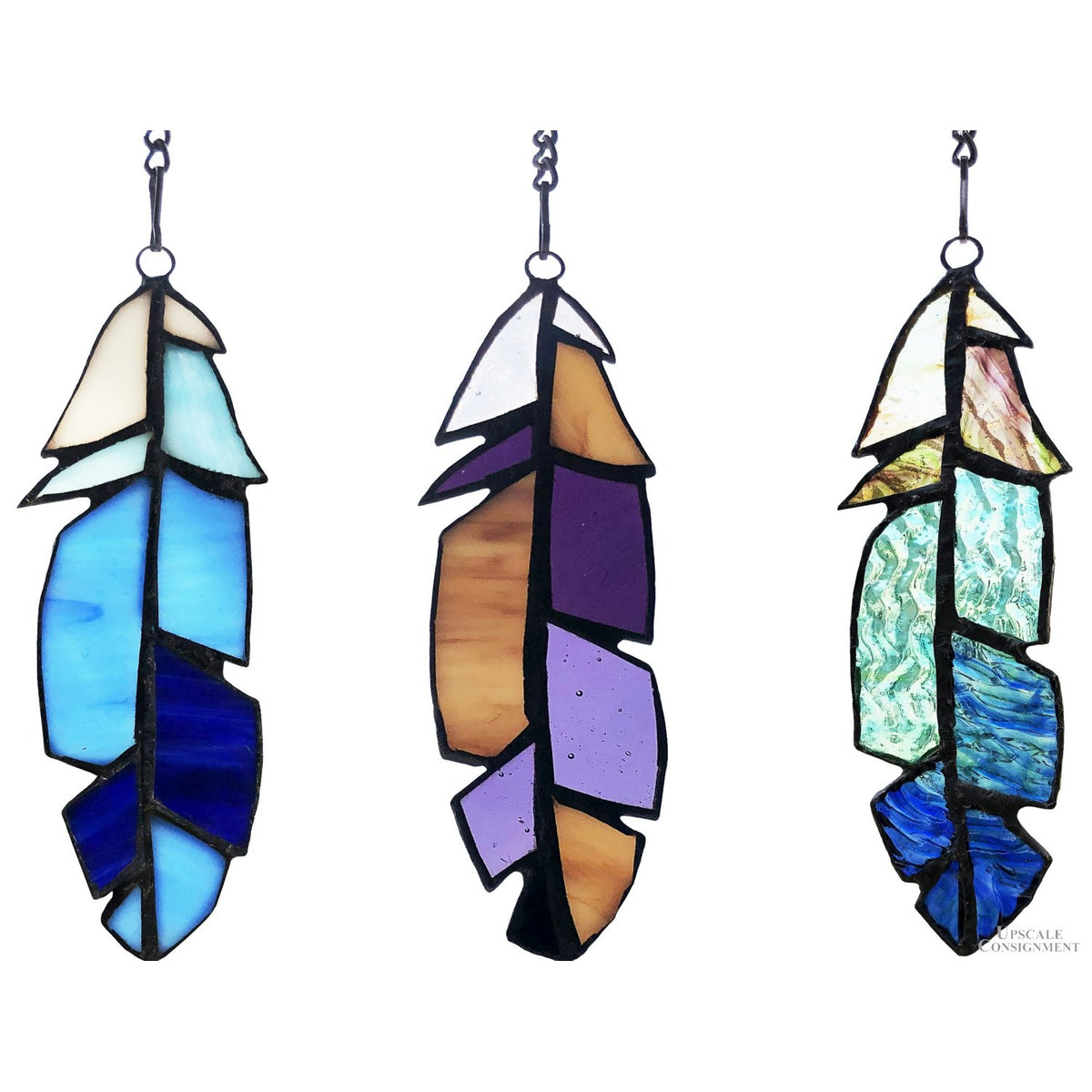 Set of Three 6"H Multicolor Stained Glass Feather Window Art Panel