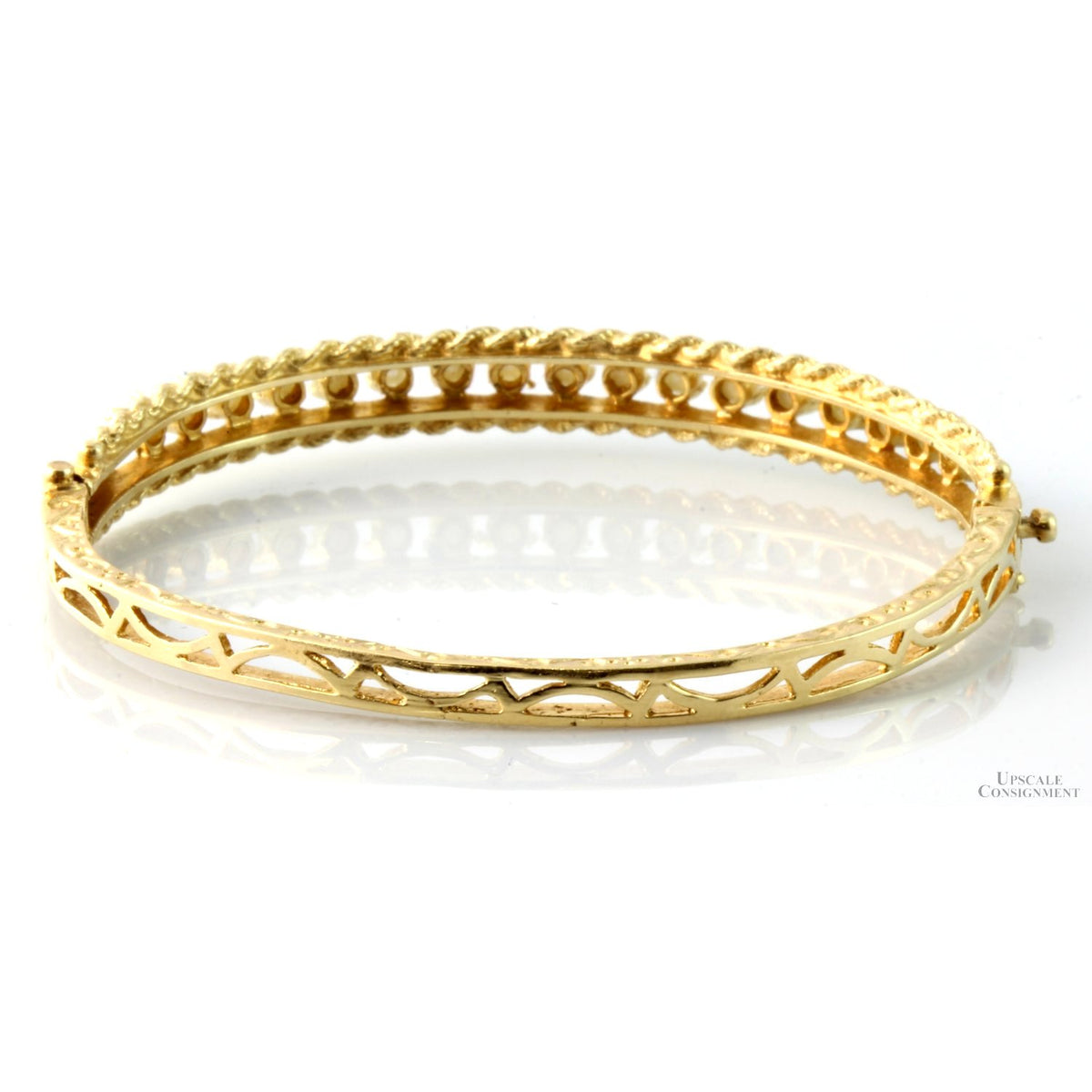 Victorian 14K Yellow Gold Seed Pearl Intricately Carved Hinged Bangle