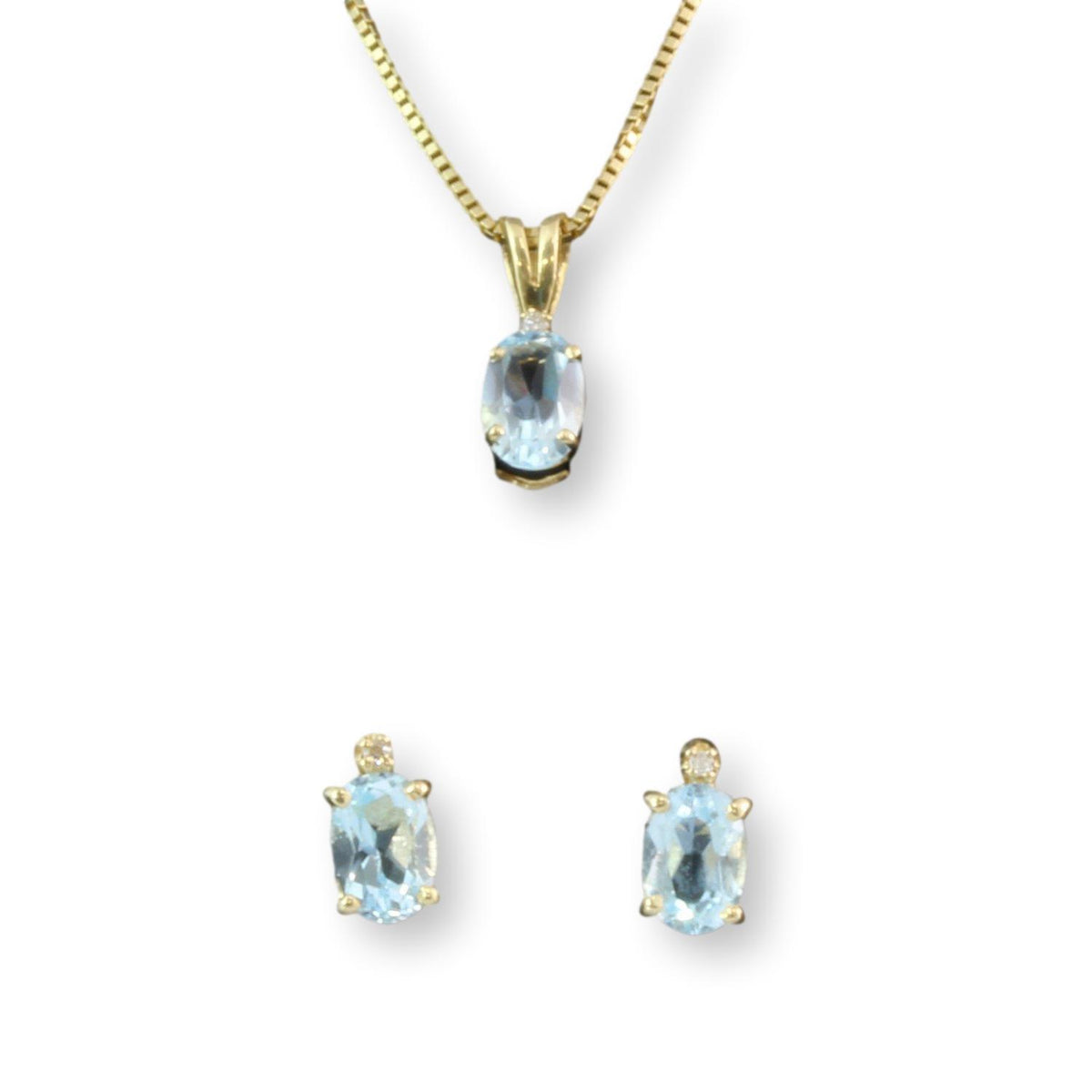 14K Gold Blue Topaz Pendant w/Chain & Stud Earring Set