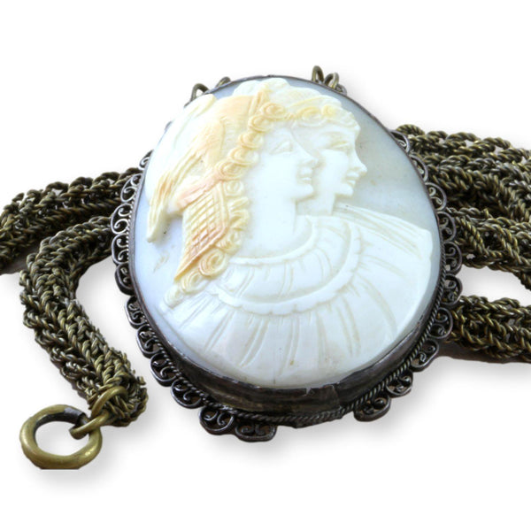 French Victorian Double Portrait Shell Cameo Necklace Mercury/Hermes & Wife
