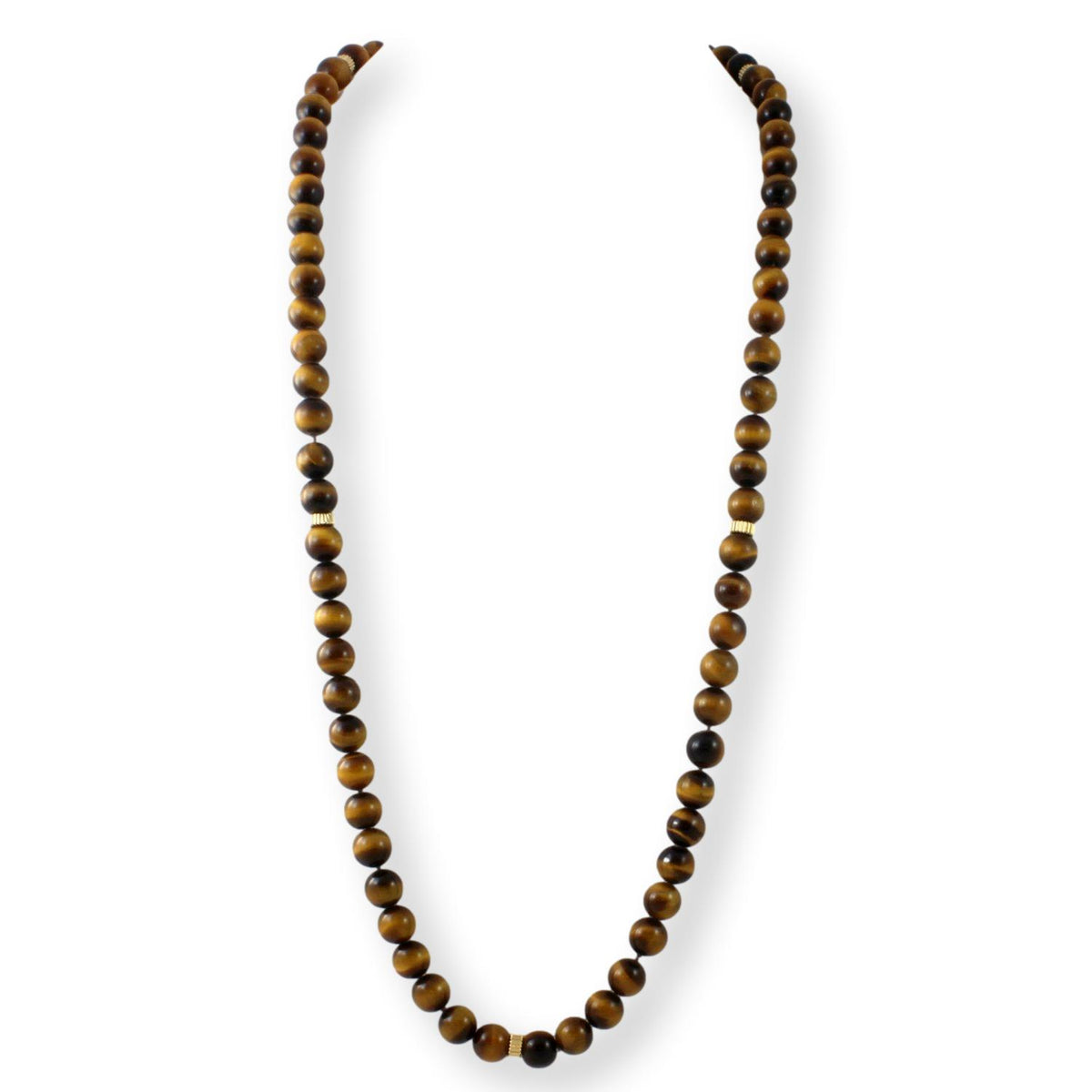 14K Yellow Gold 10mm Tigers Eye Beaded Necklace