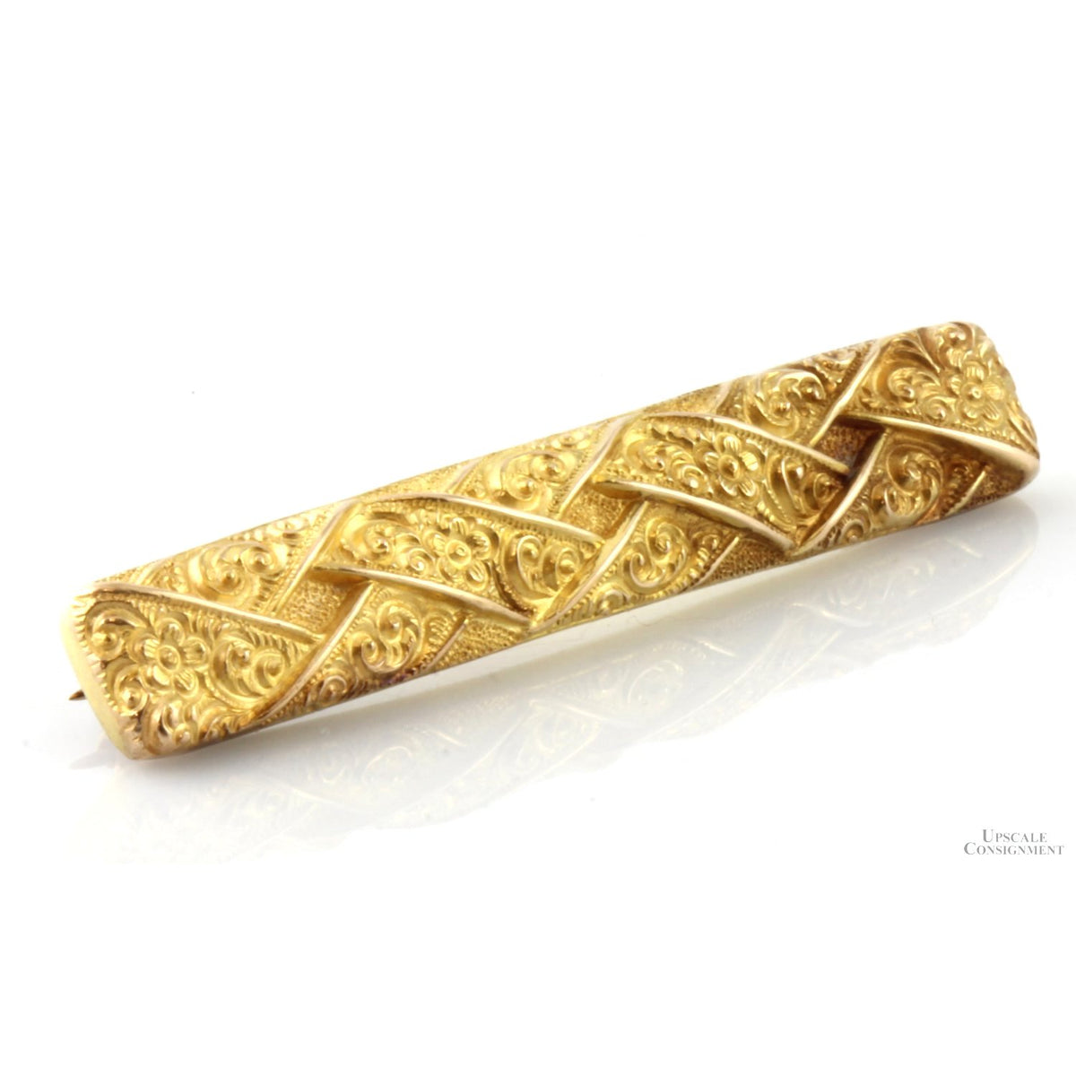Victorian 14K Yellow Gold Floral Repousse Bar Brooch Pin