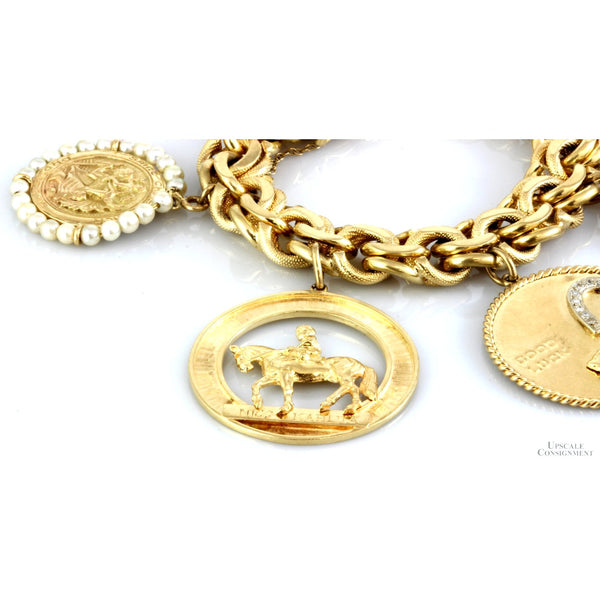 14K Gold Double Curb Link Charm Bracelet - .31ctw Diamonds .30ctw Rubies Pearls