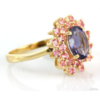 .73ct Bluish-Purple Iolite 14K Gold Ring .96ctw Pink Topaz Halo
