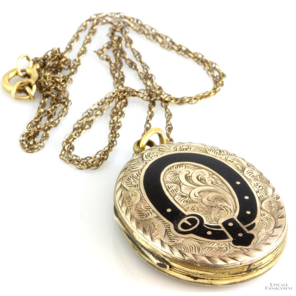 Victorian Gold Fill & Enamel Eternal Loyalty Locket Pendant & Chain