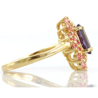 .73ct Bluish-Purple Iolite 14K Gold Ring .96ctw Pink Topaz Halo