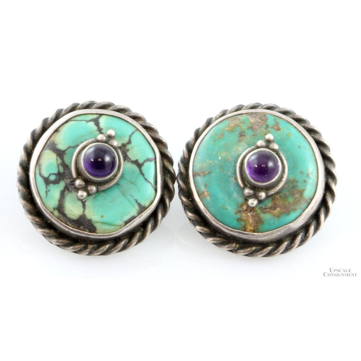 Vintage Retro Syle Turquoise & Amethyst Sterling Silver Earrings