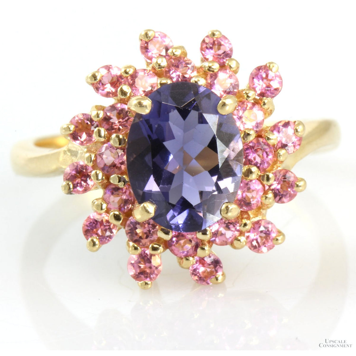 .73ct Bluish-Purple Iolite 14K Gold Ring .96ctw Pink Topaz Halo