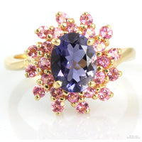 .73ct Bluish-Purple Iolite 14K Gold Ring .96ctw Pink Topaz Halo