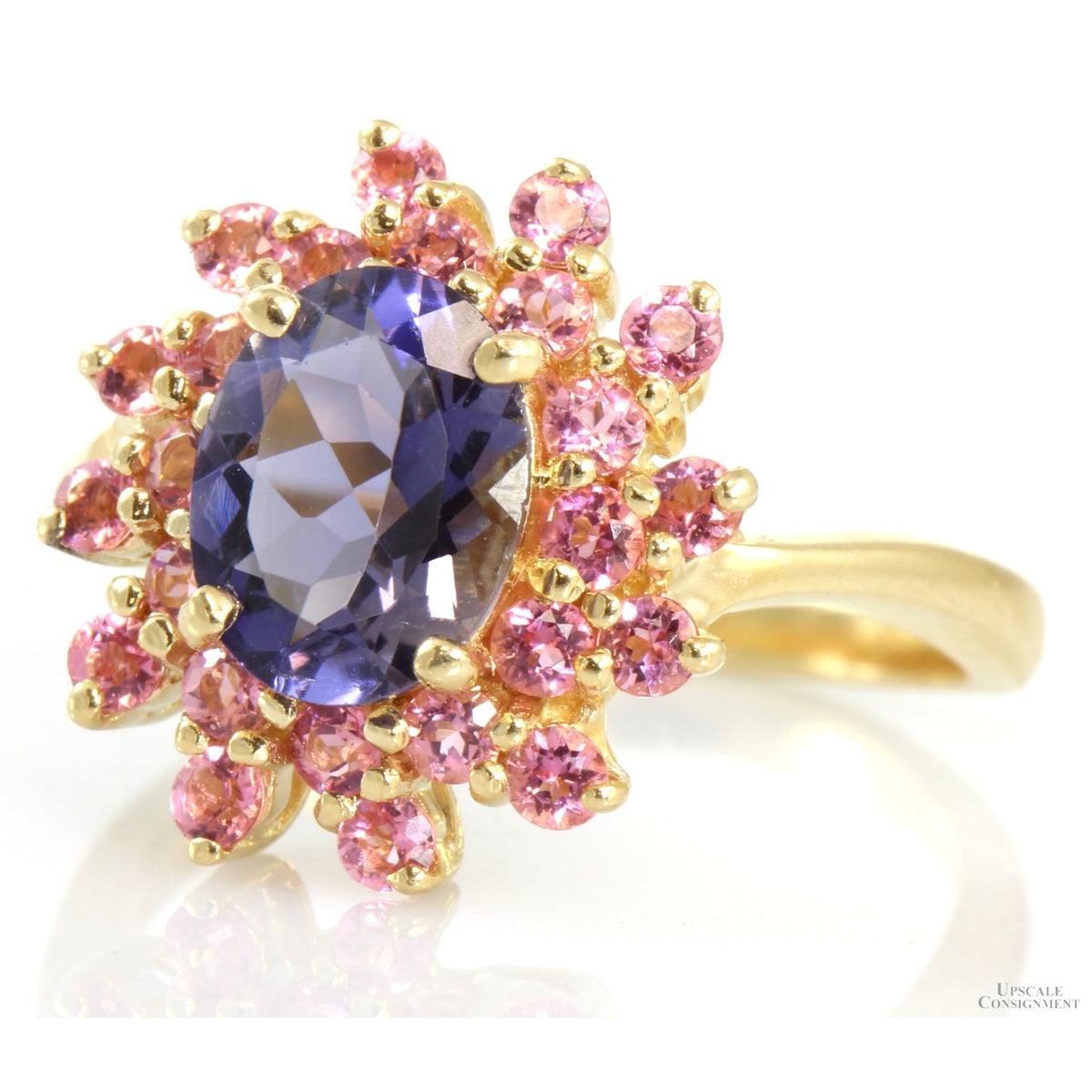 .73ct Bluish-Purple Iolite 14K Gold Ring .96ctw Pink Topaz Halo