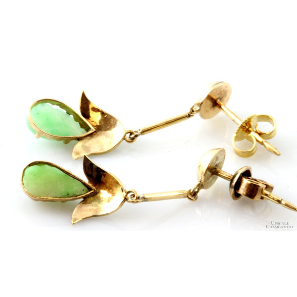 1.31ctw Green Jadeite Jade 14K Yellow Gold Dangle Earrings