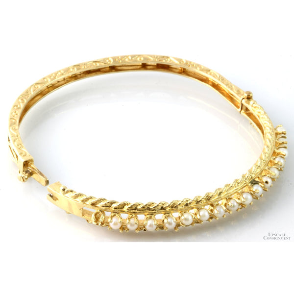 Victorian 14K Yellow Gold Seed Pearl Intricately Carved Hinged Bangle