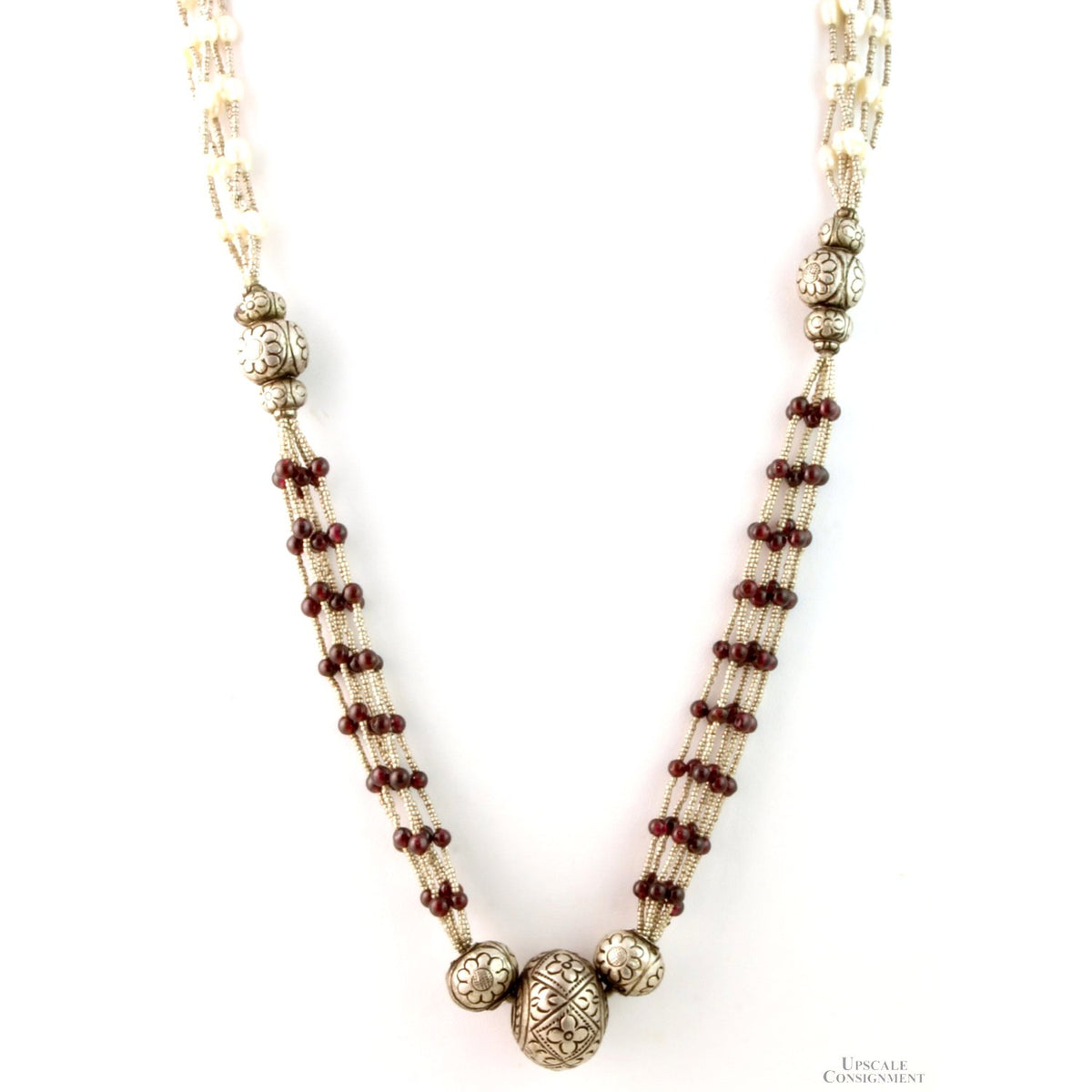 Multi-Strand Freshwater Pearl & Garnet Sterling Silver Necklace