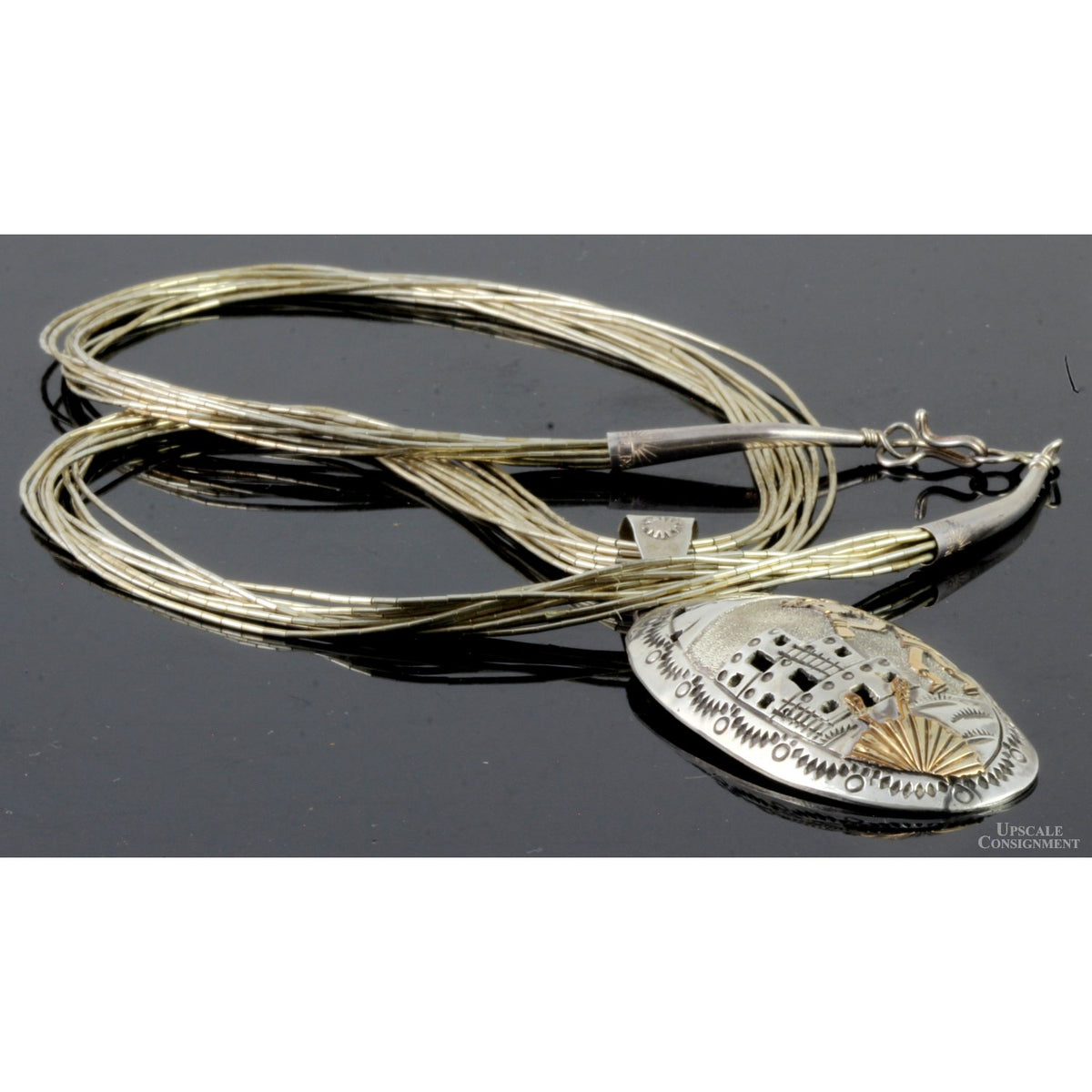 Navajo Henry Davis Sterling Silver Kokopelli Storyteller Pendant Necklace 12K Gold Overlay Liquid Silver 20”