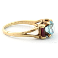 Art Deco Natural Blue Zircon & Created Ruby 10K Gold Ring