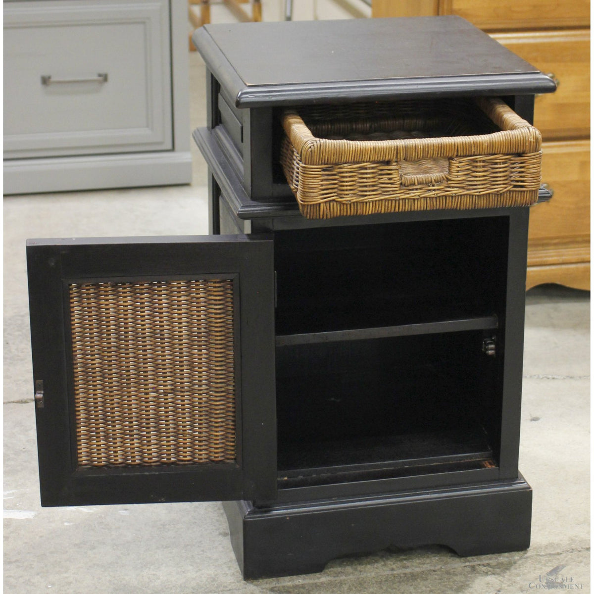 Black Nightstand w/Wicker Drawer & Cabinet