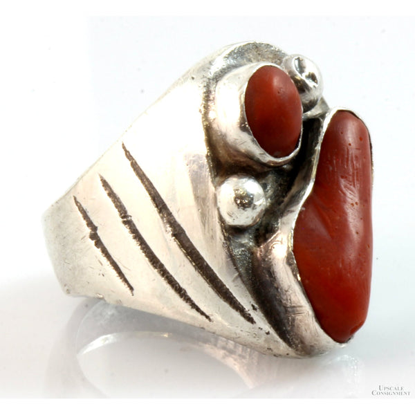 Vintage Orange-Red Coral Stone Sterling Silver Men's Ring