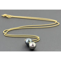 18K Gold Pendant & Chain Dark Gray Pearls - Peacock Overtones