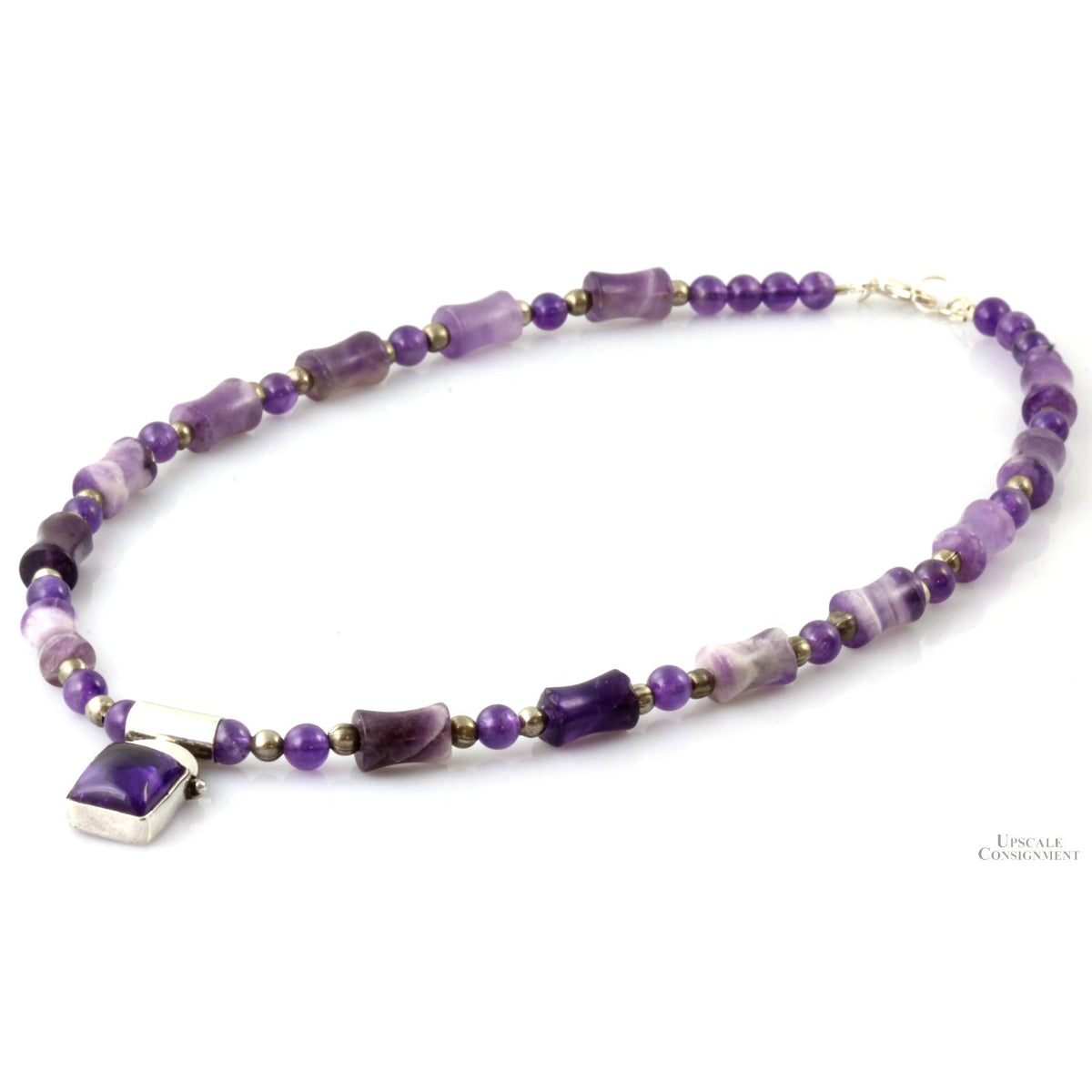Chevron Amethyst & Sterling Silver Bead Pendant Necklace