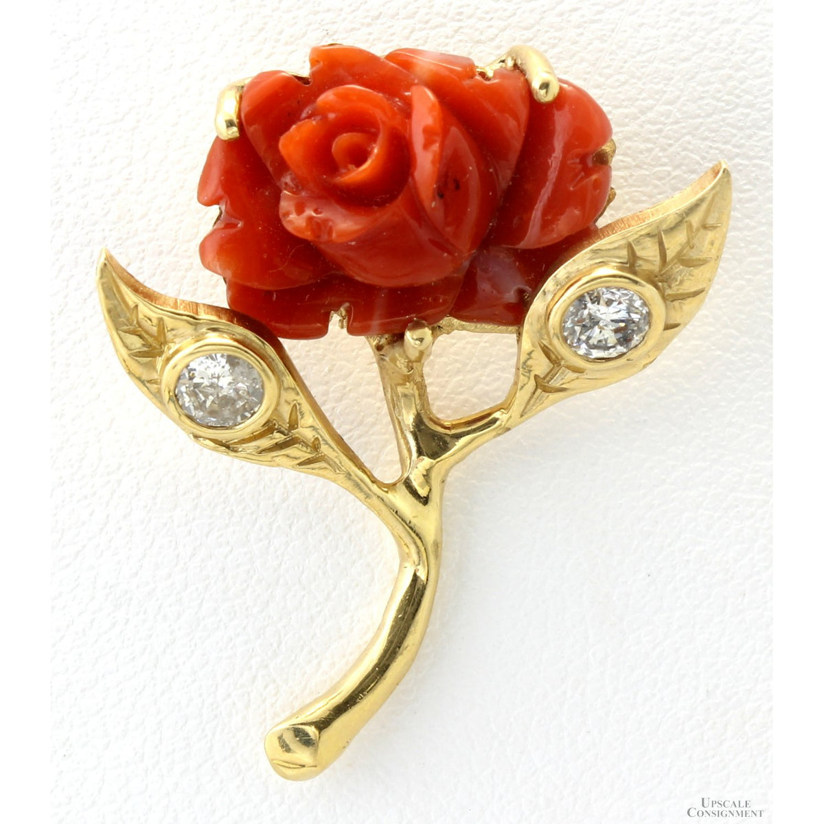 Custom 18K Gold Carved Coral Rose & Diamond Slide Pendant