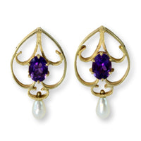 1.08ctw Natural Amethyst & Pearl 14K Yellow Gold Earrings