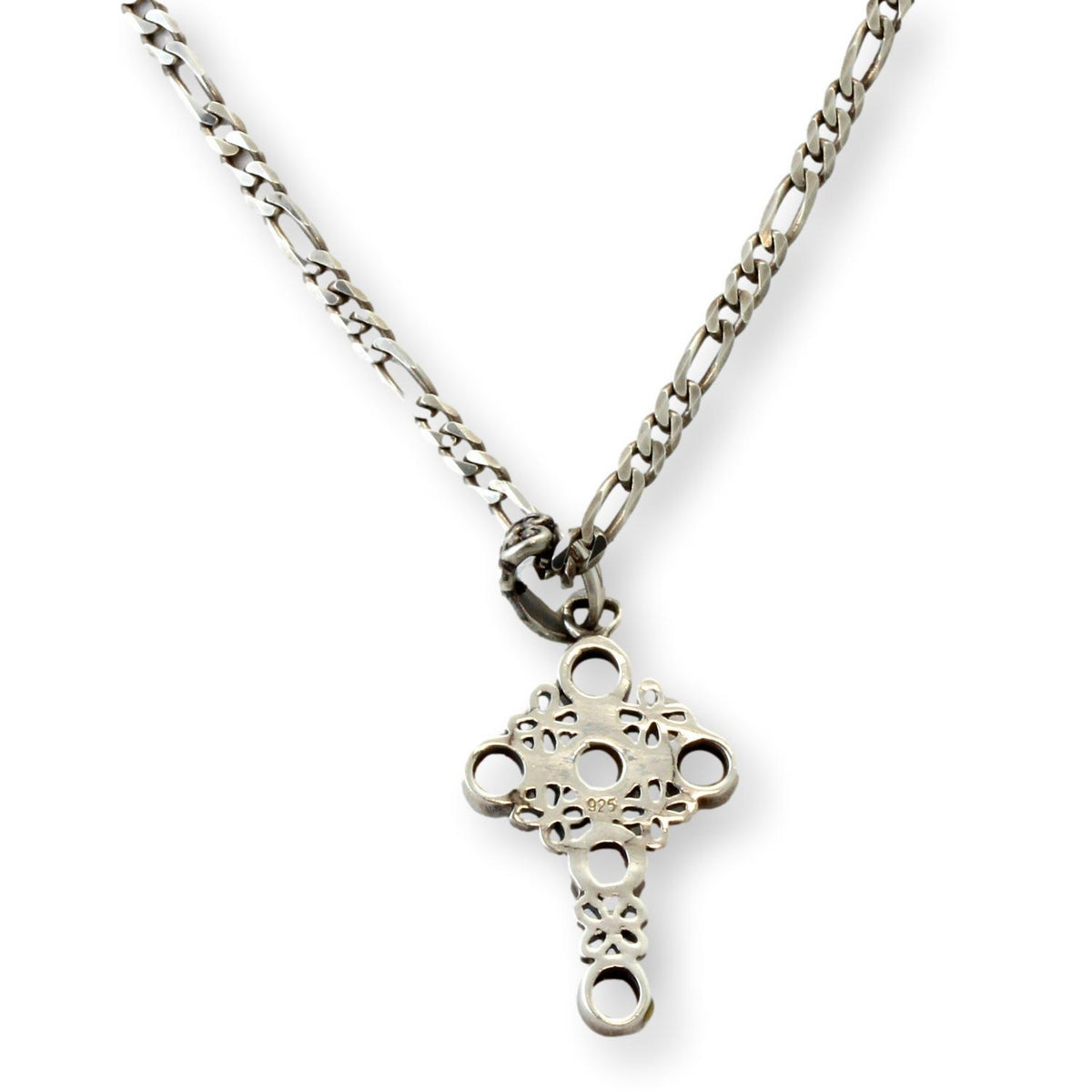 Vintage Sterling Silver White Created-Opal Cross Pendant & Chain