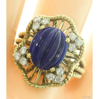 Vintage 14K Gold Carved Lapis Lazuli & Diamond Cocktail Ring