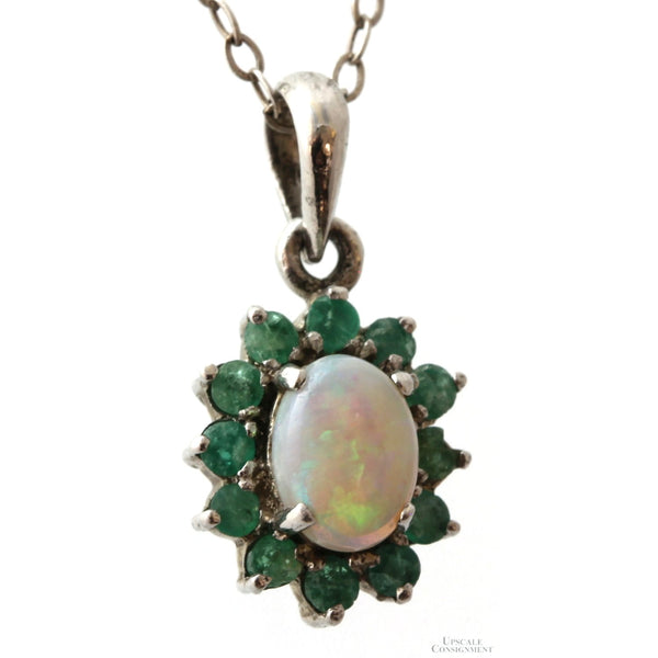 Natural Crystal Opal & Emerald Halo Sterling Silver Necklace