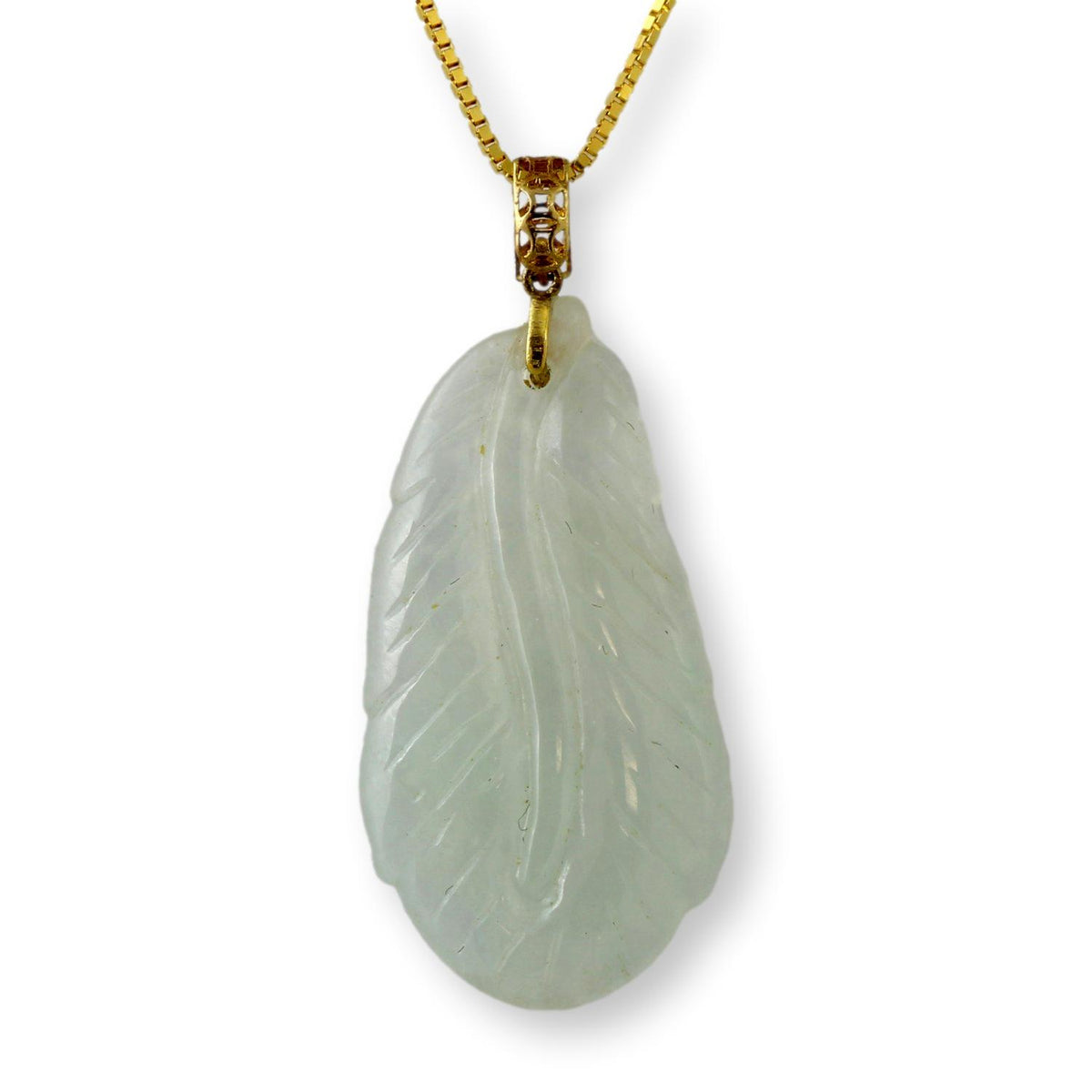 Grade A Translucent White & Faint Green Jadeite Leaf Pendant Necklace