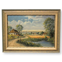 Framed Original Oil Painting - Farming Village w/Pond