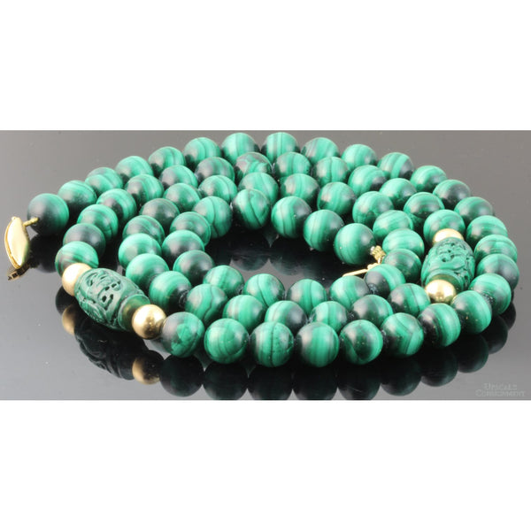 10mm Malachite & Carved Shou & 14K Gold Bead 30" Necklace