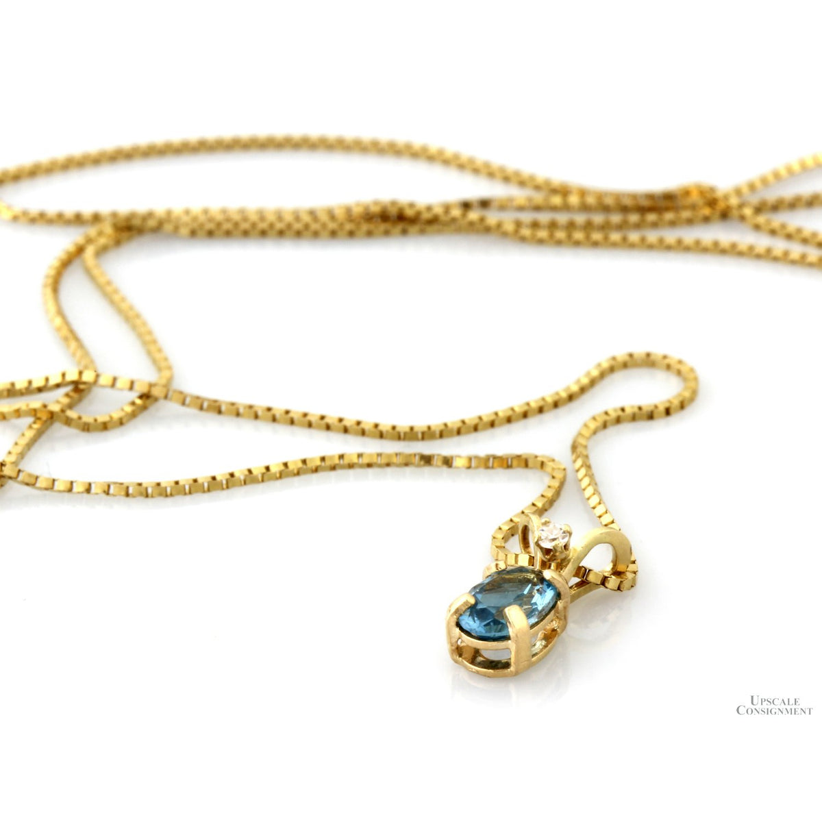 14K Gold Blue Topaz & Diamond Pendant Necklace