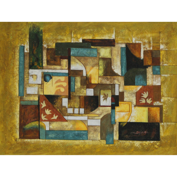 Framed Hand Embellished Oil - Gold Geometric Abstract