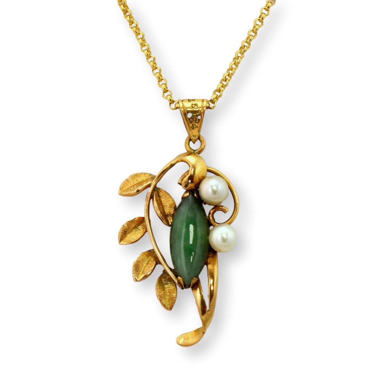 14K Gold Jade & Cultured Pearl Mid-Century Botanical Pendant