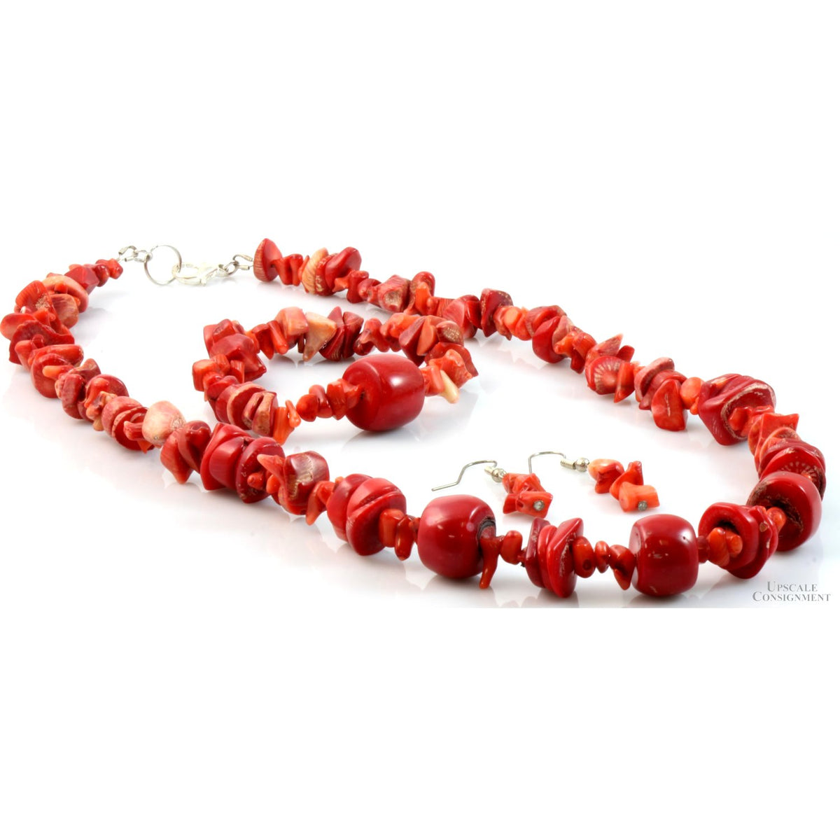 Beaded Red Coral Sterling Silver Necklace, Bracelet Earring Set