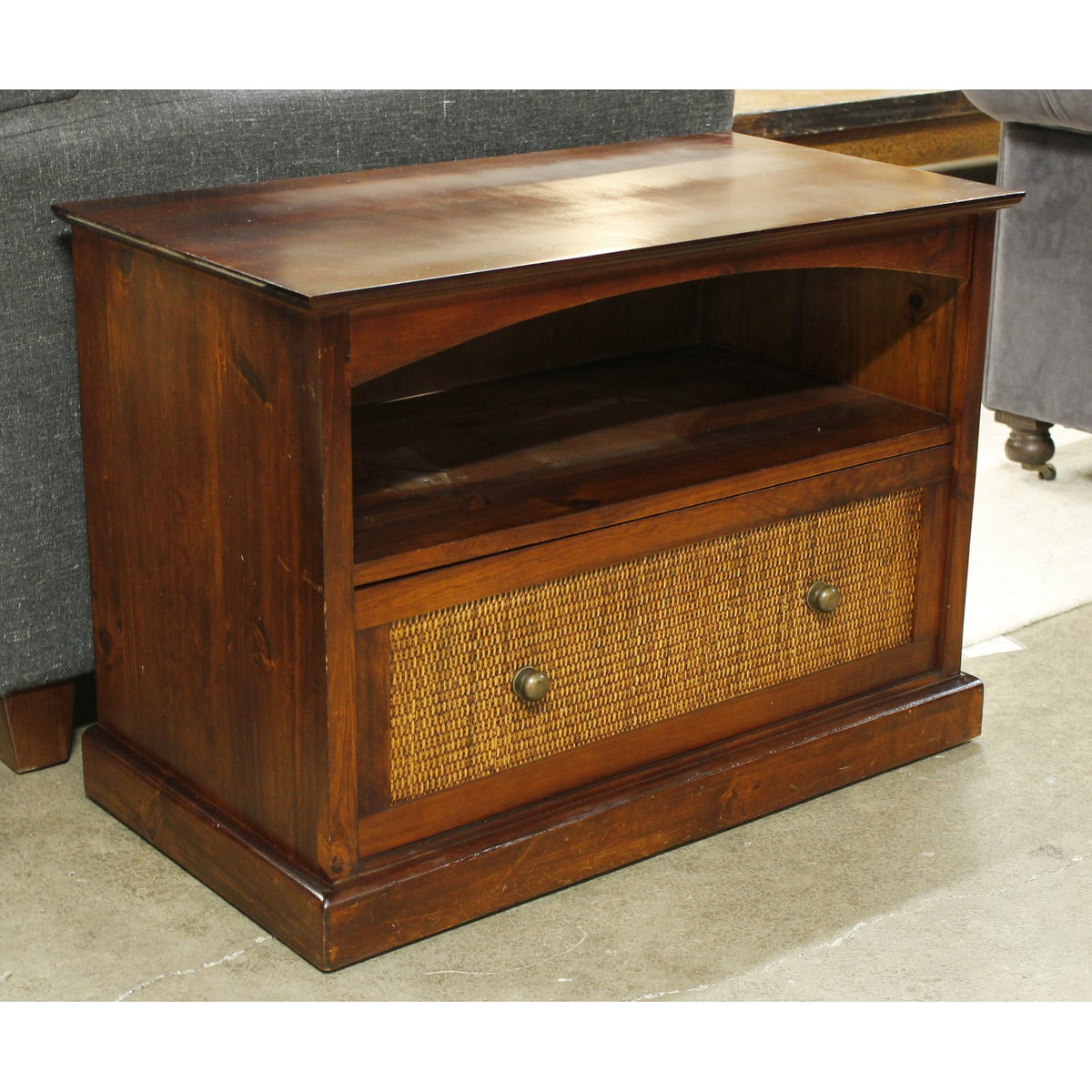 Pier 1 Imports Dark Finish Pine & Wicker Media Console