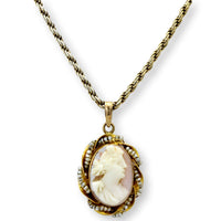 14K Gold Shell Cameo Pendant Hand-Wired Nataural Seed Pearls